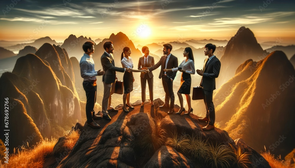 At sunrise, a diverse team in business attire celebrates a strategic partnership, symbolizing global success and achievement on a mountain summit.Generative AI - obrazy, fototapety, plakaty 