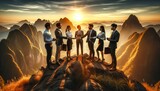 At sunrise, a diverse team in business attire celebrates a strategic partnership, symbolizing global success and achievement on a mountain summit.Generative AI