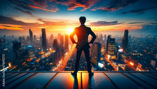 An executive entrepreneur stands poised, embodying success and vision, overlooking a panoramic cityscape as the skyline gleams at dusk.Generative AI © Dougie C