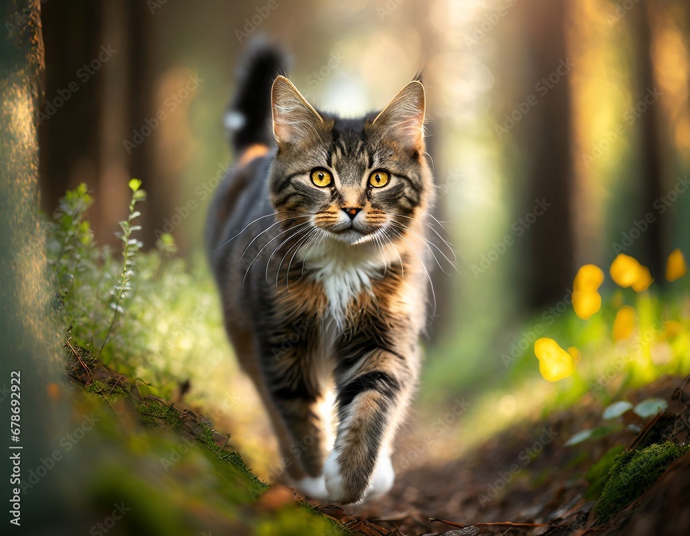 Amazing cat walking in the forest.