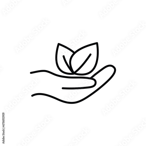 hand holds leaves  - black vector icon eco icon protection care  nature organic sign 