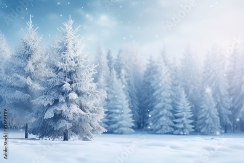 Christmas winter space of snow blurred background. Xmas tree with snow, holiday festive background. 