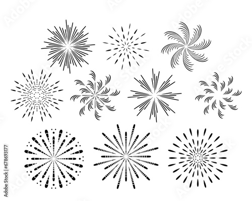 Fireworks set. Vector flat illustration of celebration firecracker isolated on white background. Elements for festive design.