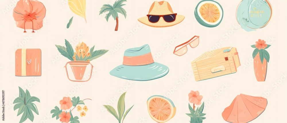 Hand drawn summer collection cartoon on pastel color background. AI generated