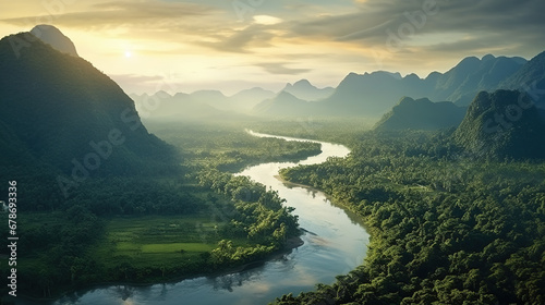 Beautiful natural scenery of river in tropical green forest with mountains in background at sunset, aerial view © Boraryn