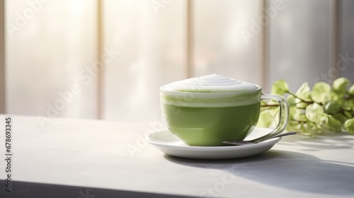 latte art cup green matcha green tea latte cup on  table