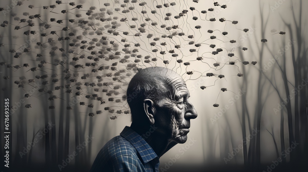 An elderly man appears contemplative, surrounded by transparent, dissipating fragments symbolizing his fading memories and thoughts, representing the struggle with Alzheimers dementia. An elderly man appears contemplative, surrounded by transparent, dissipating fragments symbolizing his fading memories and thoughts, representing the struggle with Alzheimers dementia.