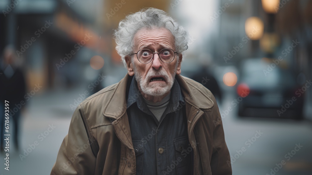 Elderly man with gray hair and a puzzled expression, appearing disoriented and lost on a city street, possibly suffering from Alzheimers or dementiarelated confusion. Elderly man with gray hair and a puzzled expression, appearing disoriented and lost on a city street, possibly suffering from Alzheimers or dementiarelated confusion.