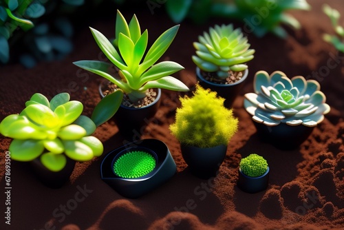  images of smart planter or planter boxes with plants and sensors in them, that have a readout screen for soil ph and 