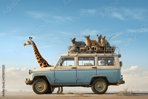 Roaming Tales: Narrative Visuals of Giraffe-Roofed Blue Jeep