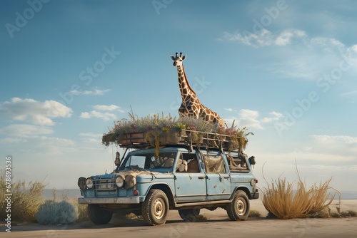 Captivating Wildlife Encounter: Giraffe-Roofed Jeep in Reefwave's Narrative World photo