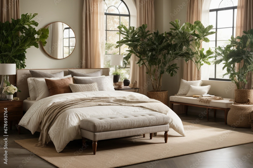 Fototapeta premium love nature style minimalistic bedroom villa resort interior with green home plants