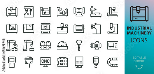 Industrial machinery isolated icons set. Set of CNC machine controller, motor spindle, cable drag chain, factory production line, lathe, milling machine, manufacturing robotic arm vector icon