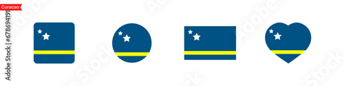 Curacao national flag. Curacao flag icons for UI design. Isolated flag symbols in the shape of a square, circle, heart. Vector icons