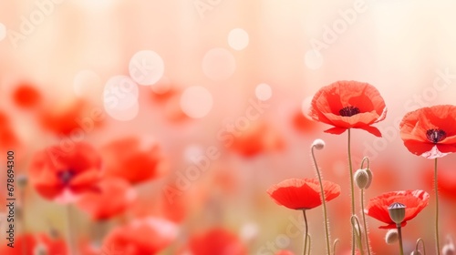 A Field of Vibrant Red Flowers Dancing in Gentle Breeze with Dreamy, Blurry Background