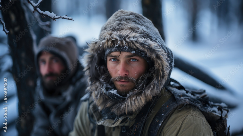 Two hunter men with a hood on his head in winter forest. Two hunter men with a hood on his head in winter forest.