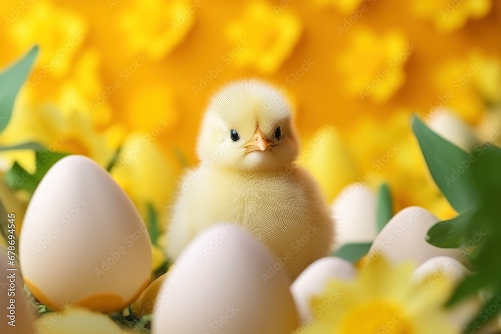 Yellow cute little chicken, chicken eggs, spring flowers on yellow background. Easter holiday concept, postcard