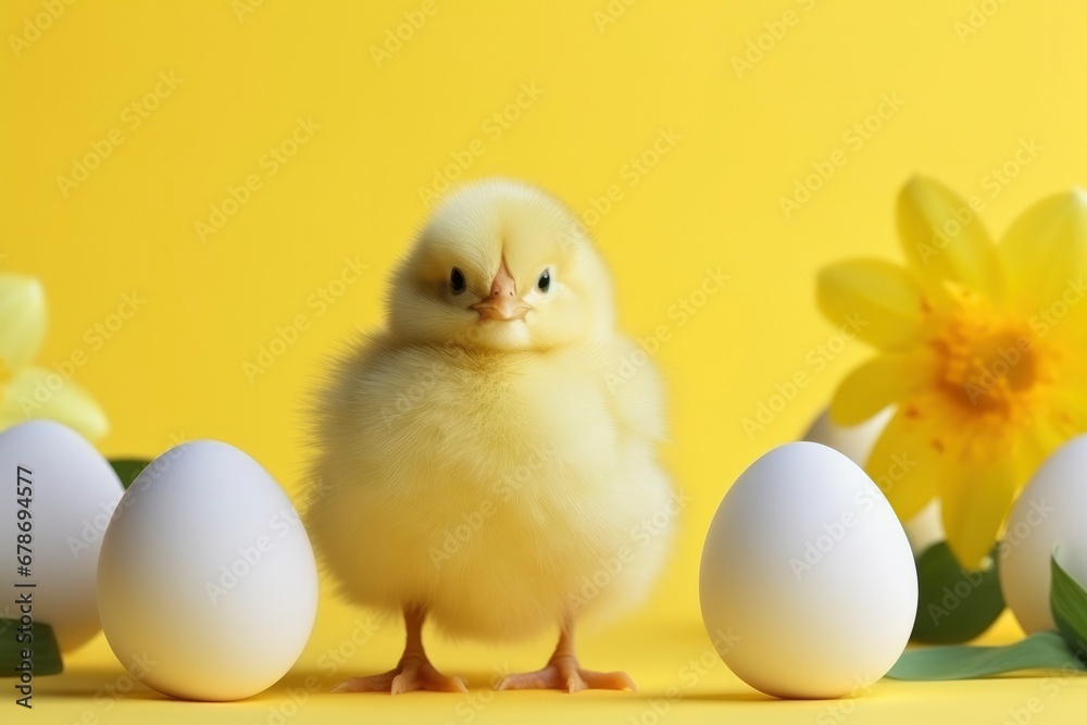 Yellow cute little chicken, chicken eggs, spring flowers on yellow background. Easter holiday concept, postcard Yellow cute little chicken, chicken eggs, spring flowers on yellow background. Easter holiday concept, postcard