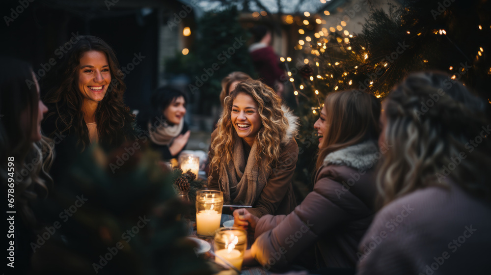 Group of women friends having fun at a Christmas market on a cold winter day.