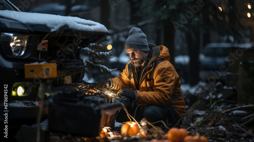 A man in a yellow jacket repair old broken car in junk at winter.