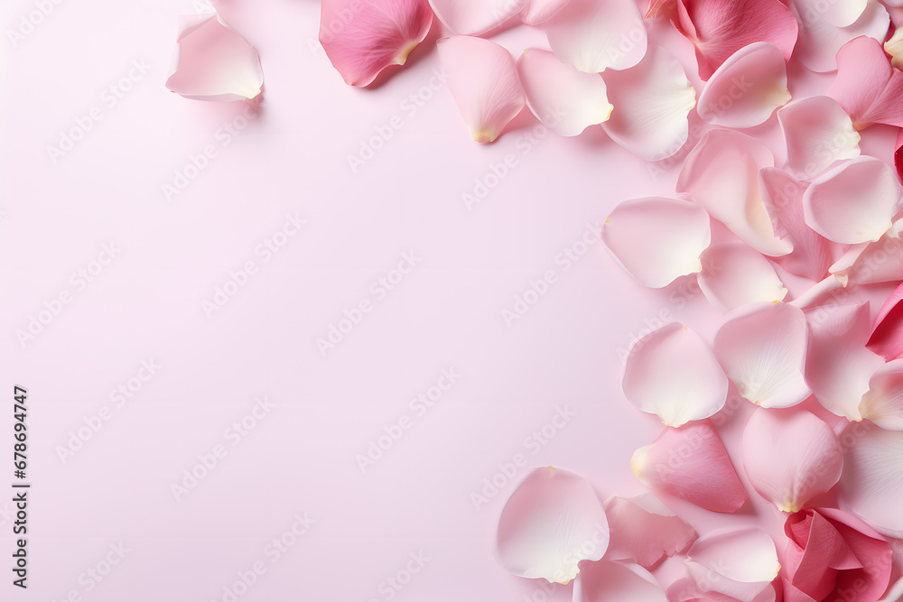 Top view of pink rose flower petals on side of pastel pink background with copy space