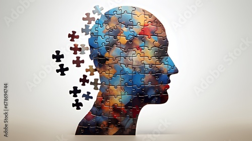 human head in profile view, with pieces of a jigsaw puzzle representing the brain fading into nothingness as memory loss and cognitive decline associated with dementia and Alzheimers disease. photo