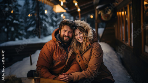 Beautiful young couple on the background of a wooden house on a winter evening.