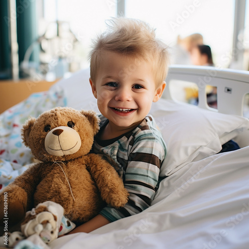 Child with his teddy bear in the hospital.