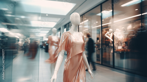 Blurred background of a modern shopping mall with mannequins in fashion shopfront. Abstract motion blurred outlet