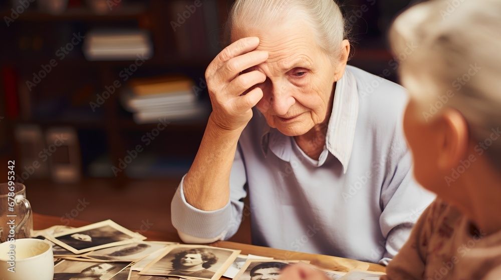Elderly woman with a nostalgic expression holding and gazing at vintage photographs, reminiscing past memories, symbolizing the challenges of dementia and Alzheimers disease. - obrazy, fototapety, plakaty 