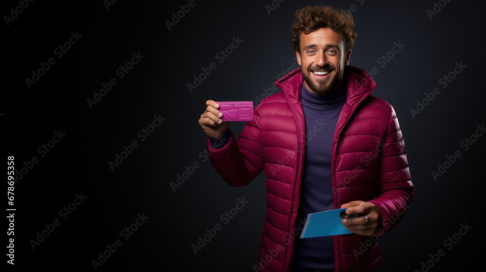 Young handsome hispanic man with curly hair wearing winter jacket against black background show card. Young handsome hispanic man with curly hair wearing winter jacket against black background show card.
