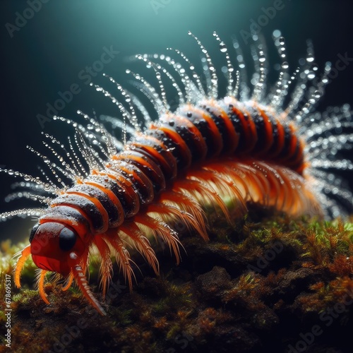 close up of a  centipede  on a flower macro insect background