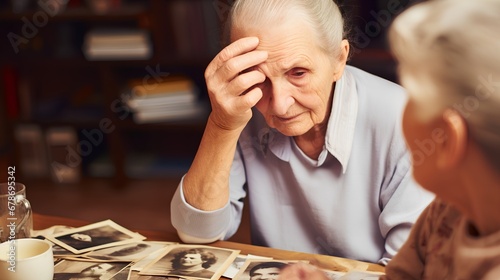 Elderly woman with a nostalgic expression holding and gazing at vintage photographs, reminiscing past memories, symbolizing the challenges of dementia and Alzheimers disease.