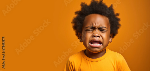Dark-skinned African-American Todler child with curly hair in orange T-shirt is crying on orange background. Upset kid, sad, frowned, angry. Concept of people's emotions, child crisis