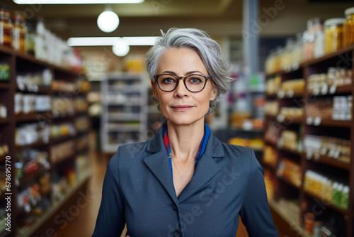 Entrepreneurial woman in her grocery business. Generative AI