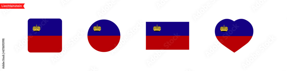 Liechtenstein national flag. Liechtenstein flag icons for UI design. Isolated flag symbols in the shape of a square, circle, heart. Vector icons Liechtenstein national flag. Liechtenstein flag icons for UI design. Isolated flag symbols in the shape of a square, circle, heart. Vector icons