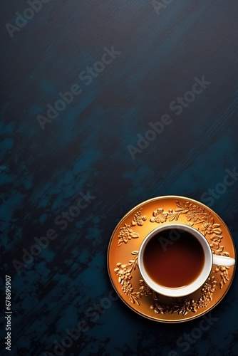 minimalist blue background with a Tea cup, cappuccino, coffee , top view with empty copy space