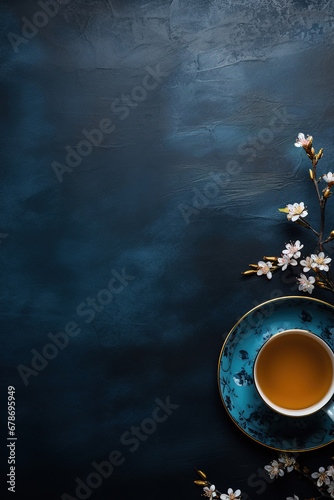 minimalist blue  background with a Tea cup  cappuccino  coffee   top view with empty copy space