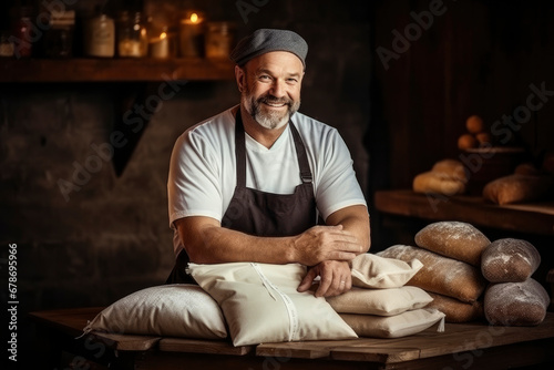 Handsome middle-aged male baker in cap and apron prepares bread on wooden table in his bakery. Baking bakery products, concept of making healthy organic bread, small business. Dark lighting