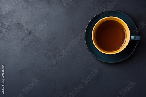 minimalist blue background with a Tea cup, cappuccino, coffee , top view with empty copy space