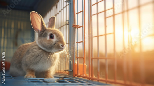 A rescued rabbit exploring its forever home after being adopted