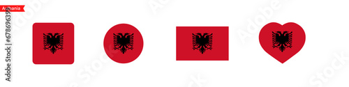 National flag of Albania icons. Albania flag in the shape of a square, circle, heart. Website language choice symbols. Vector UI flag design