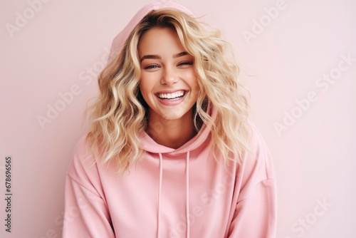 Young beautiful blonde girl with curly hair in pink hoodie laughs fervently on pink background. Human emotions, joy, laughter, happiness. Modern student photo