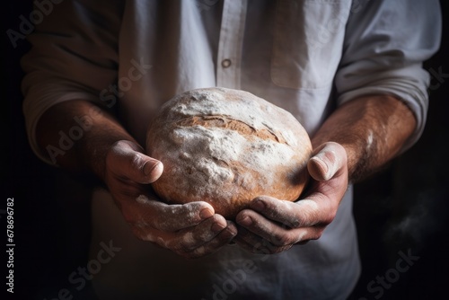 Male baker's hands in flour hold round bread close-up. Healthy organic bread, food, fresh crispy pastries. Bakery concept, small business. Dark mysterious lighting