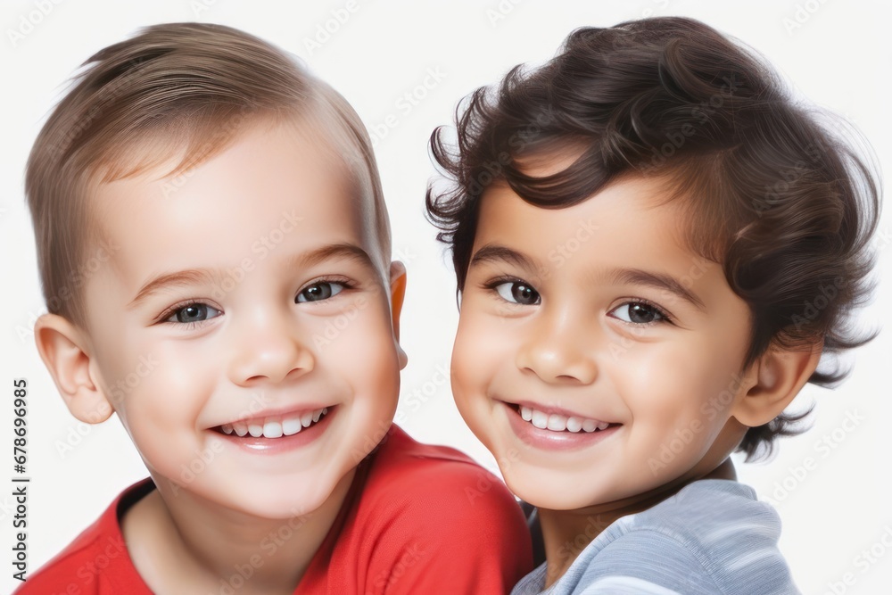 Happy young kids boys smiling. Concept of children's friendship, happiness, family, kindness. Generative AI Happy young kids boys smiling. Concept of children's friendship, happiness, family, kindness. Generative AI