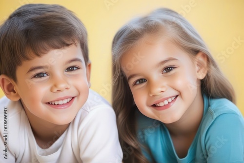 Happy young kids boy and girl smiling. Concept of children's friendship, happiness, family, kindness. Generative AI