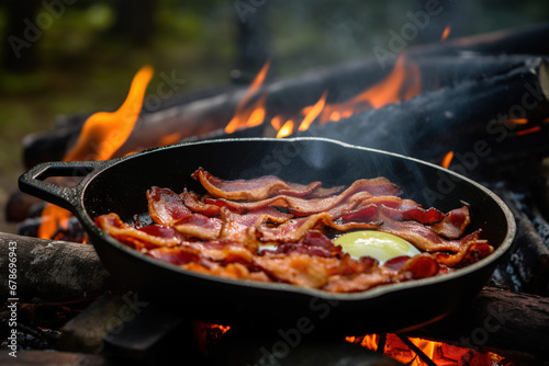 Camping breakfast with bacon and eggs in a cast iron skillet. Fried eggs with bacon in a pan in the forest. Food at the camp