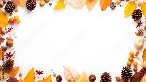 Autumn composition frame made of autumn leaves, acorn, pine cones, flower on white background. Flat lay design, top view
