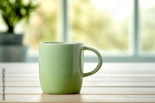 green mug on wooden table