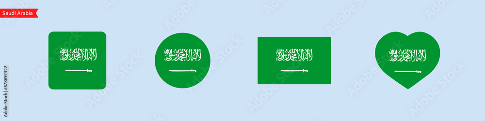 Saudi Arabia flag icons. Saudi Arabia flag set symbols. National symbol. Square, circle, heart shape flags. Vector isolated Saudi Arabia flag icons. Saudi Arabia flag set symbols. National symbol. Square, circle, heart shape flags. Vector isolated